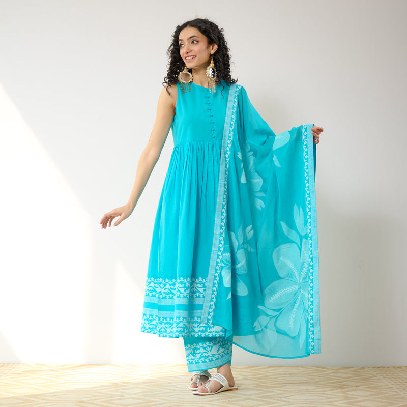 Daisy Cotton Kurta Set with Dupatta - Aqua Blue