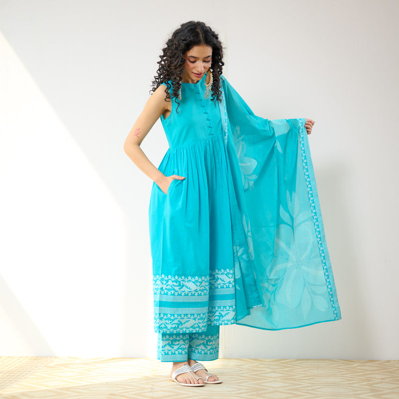 Daisy Cotton Kurta Set with Dupatta - Aqua Blue