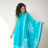 Daisy Cotton Kurta Set with Dupatta - Aqua Blue