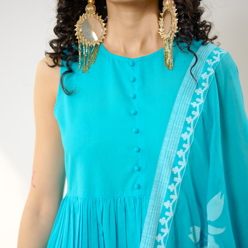 Daisy Cotton Kurta Set with Dupatta - Aqua Blue