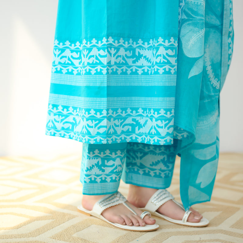 Daisy Cotton Kurta Set with Dupatta - Aqua Blue