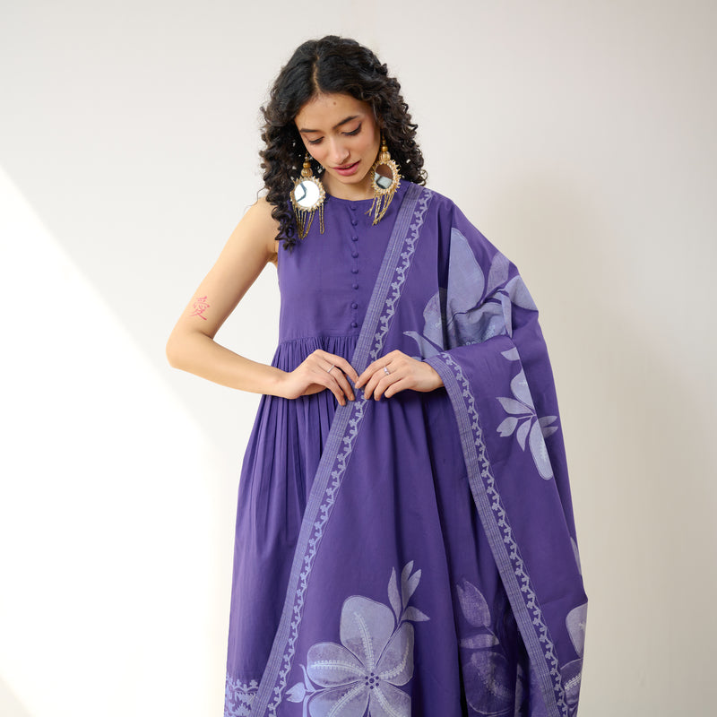 Daisy Cotton Kurta Set with Dupatta - Violet