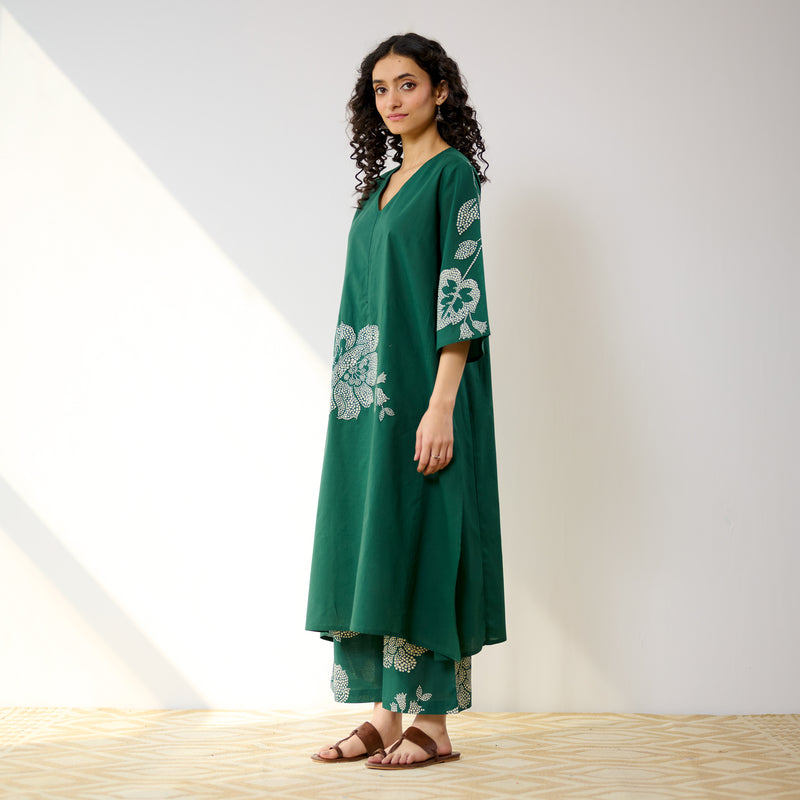 Meadow Patchwork Pakistani Cotton Kurta Set - Emerald Green