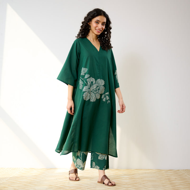 Meadow Patchwork Pakistani Cotton Kurta Set - Emerald Green