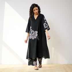 Meadow Patchwork Pakistani Cotton Kurta Set - Black