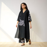 Meadow Patchwork Pakistani Cotton Kurta Set - Black