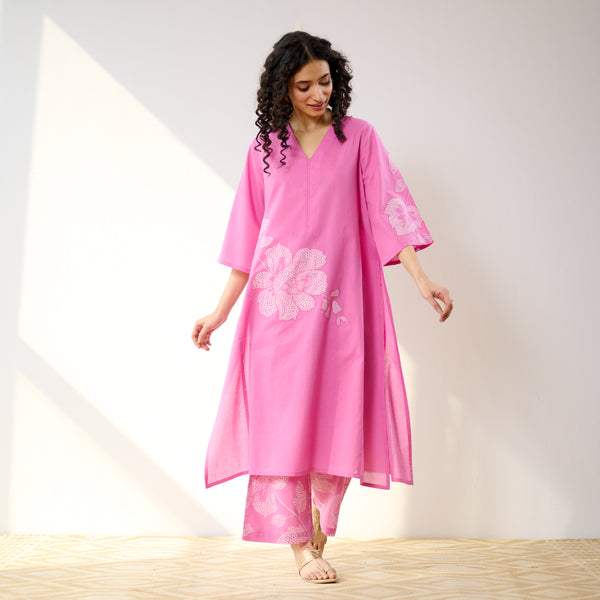 Meadow Patchwork Pakistani Cotton Kurta Set - Pink