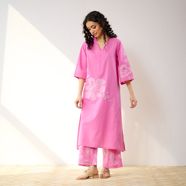 Meadow Patchwork Pakistani Cotton Kurta Set - Pink