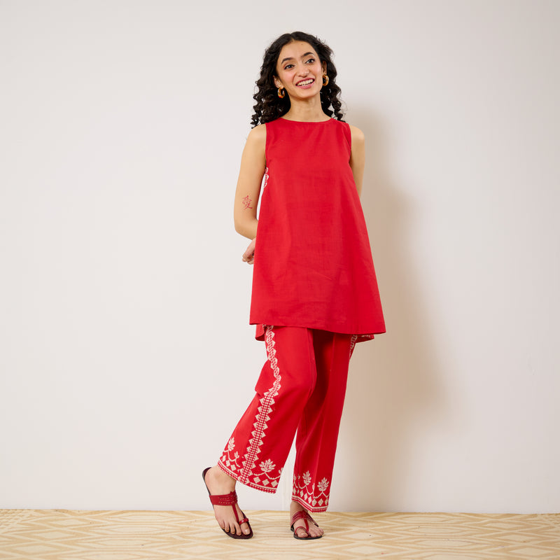 Pehar Statement Embroidered Cotton Co-ord Set - Red