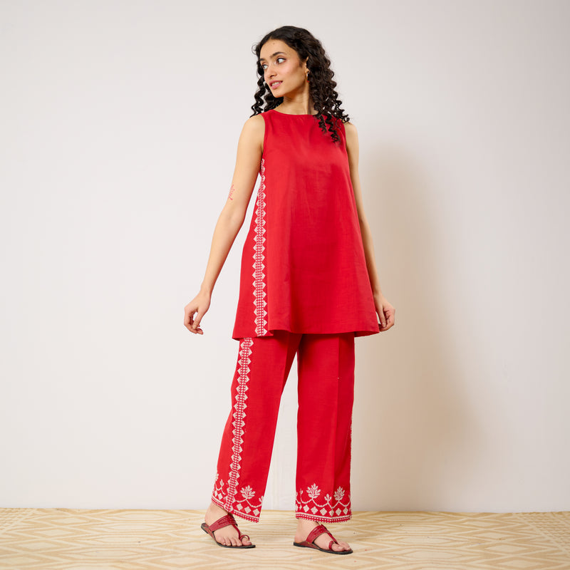 Pehar Statement Embroidered Cotton Co-ord Set - Red