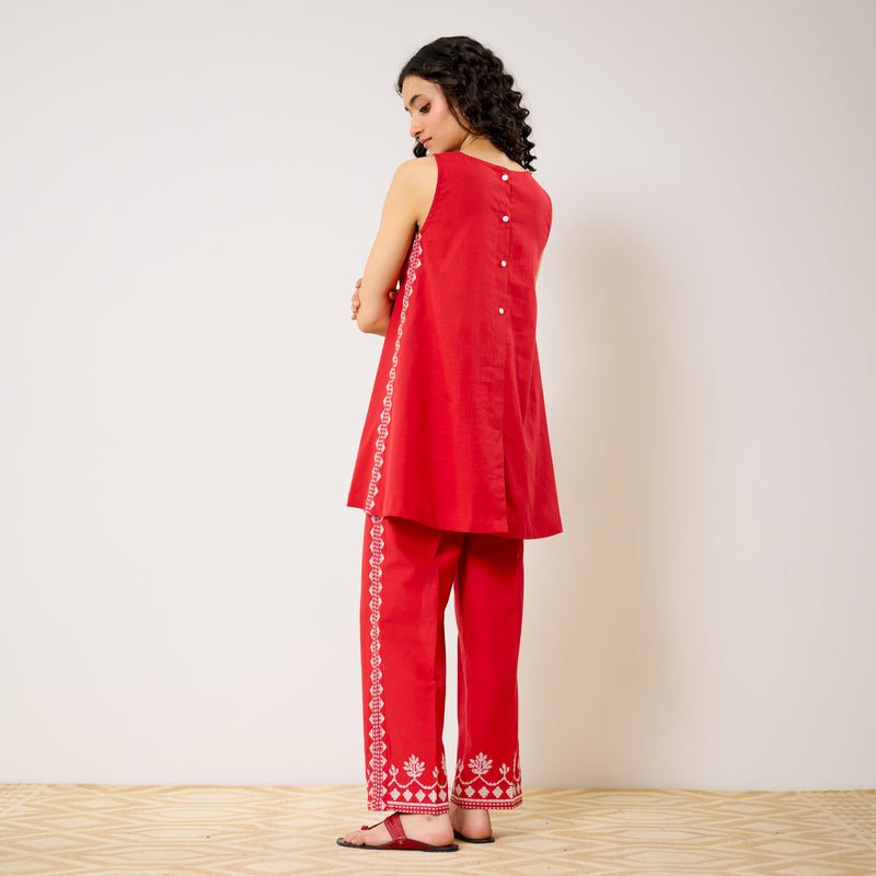 Pehar Statement Embroidered Cotton Co-ord Set - Red