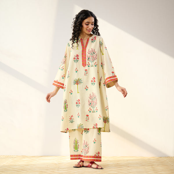 Mehfil Cotton Printed Pakistani Co-ord Set - Off White Multicoloured