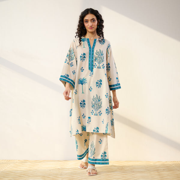 Mehfil Cotton Printed Pakistani Co-ord Set - Off White Monotone