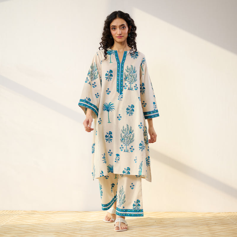 Mehfil Cotton Printed Pakistani Co-ord Set - Off White Monotone