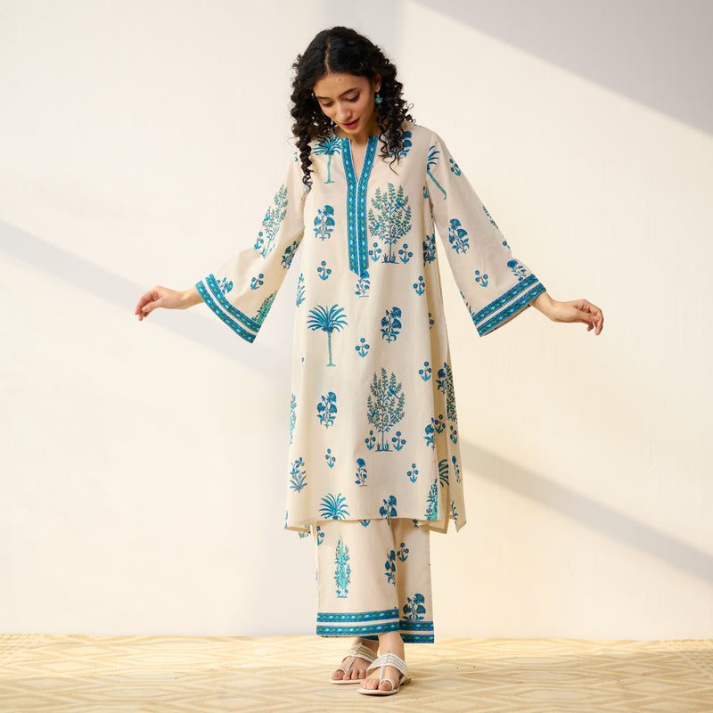 Mehfil Cotton Printed Pakistani Co-ord Set - Off White Monotone