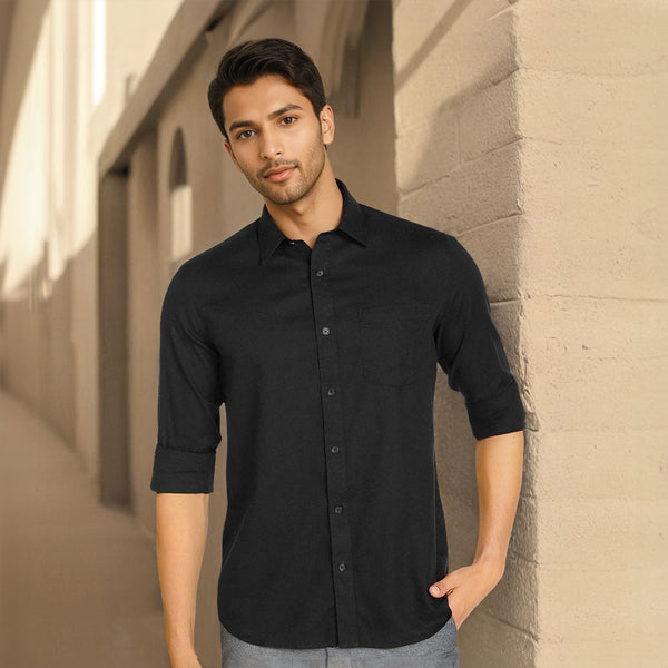 Black Solid Linen Cotton Shirt for Men