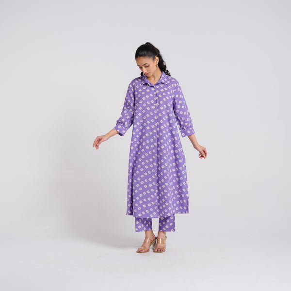 Lavender Breezy Pure Cotton Kurta Pant Set with Shirt Collar