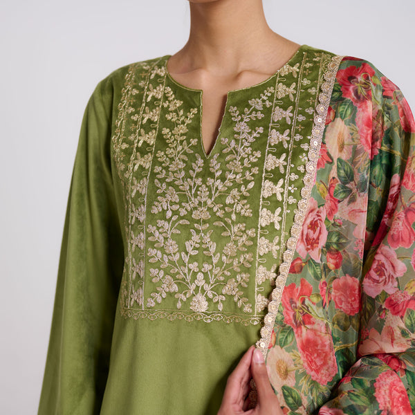 Olive Embroidered Phulwari Velvet Set with Dupatta