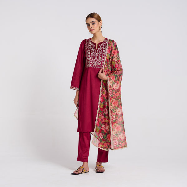 Maroon Embroidered Phulwari Velvet Set with Dupatta