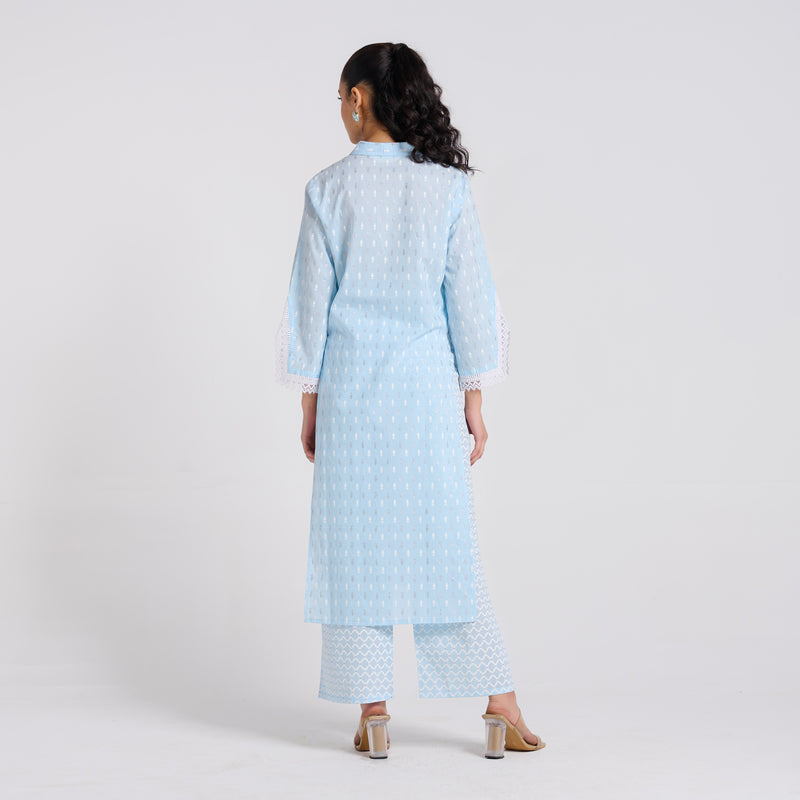 Sky Blue Shimmer Summer Pure Cotton Kurta Pant Set with Lace Detail