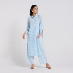 Sky Blue Shimmer Summer Pure Cotton Kurta Pant Set with Lace Detail