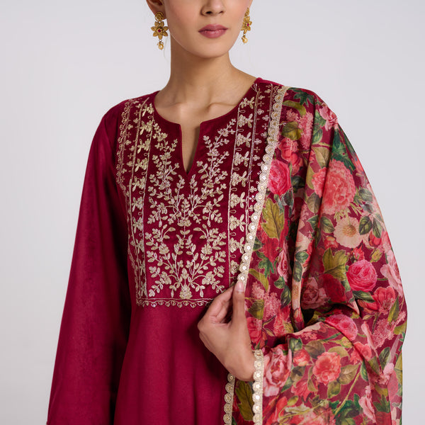 Maroon Embroidered Phulwari Velvet Set with Dupatta