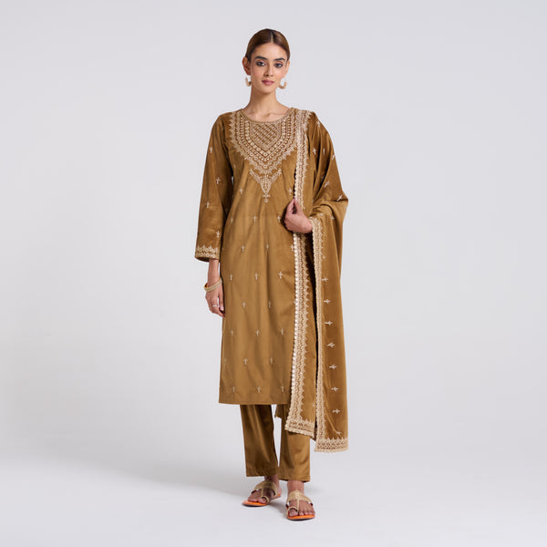 Brown Ochre Embroidered Gulzaar Velvet Set with Dupatta