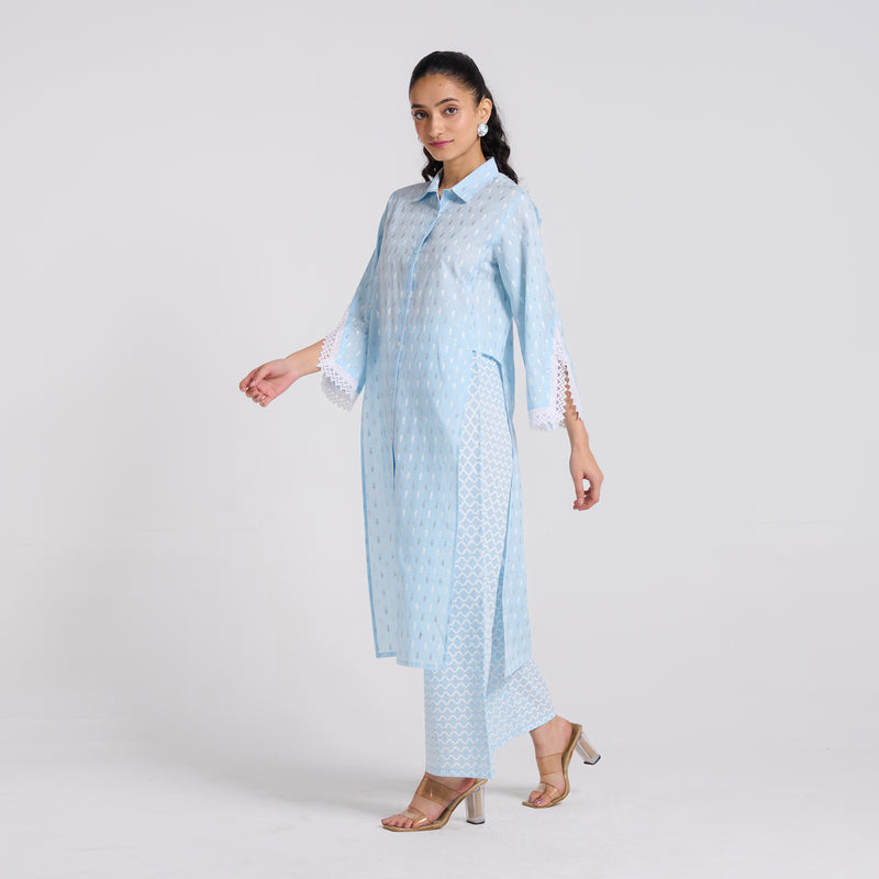 Sky Blue Shimmer Summer Pure Cotton Kurta Pant Set with Lace Detail