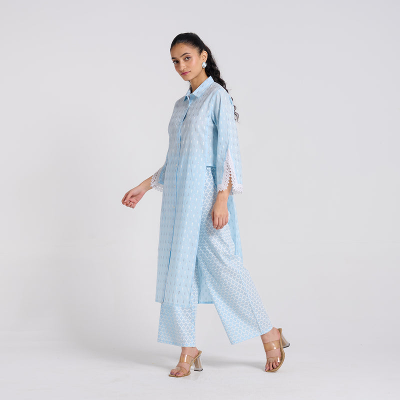 Sky Blue Shimmer Summer Pure Cotton Kurta Pant Set with Lace Detail