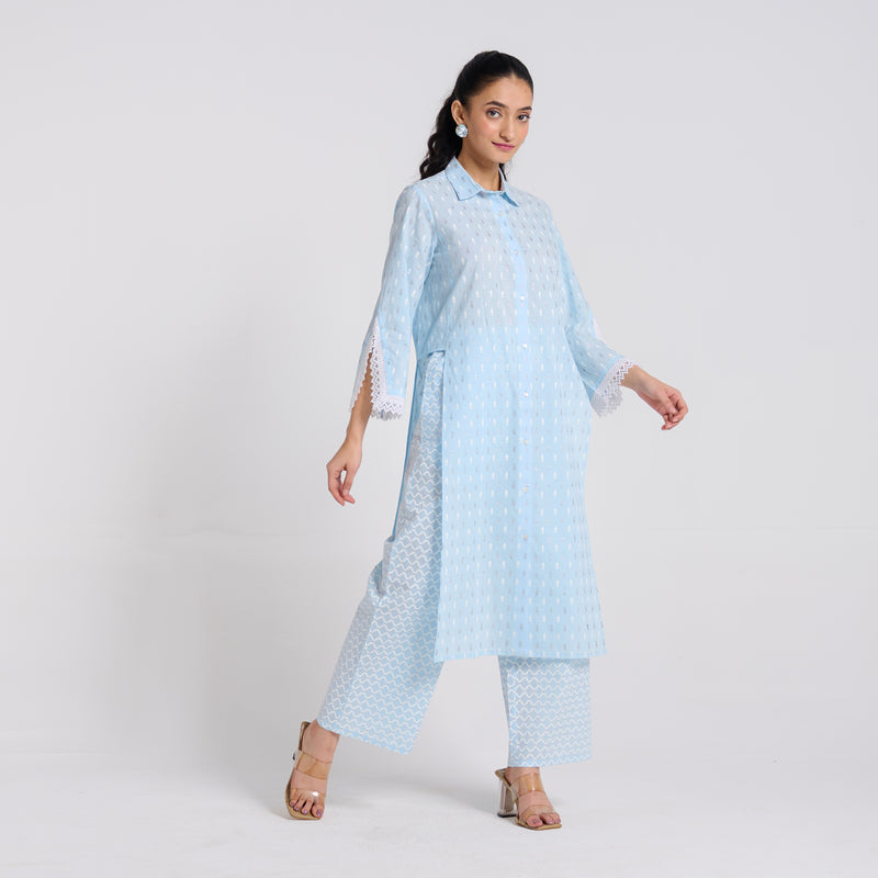 Sky Blue Shimmer Summer Pure Cotton Kurta Pant Set with Lace Detail