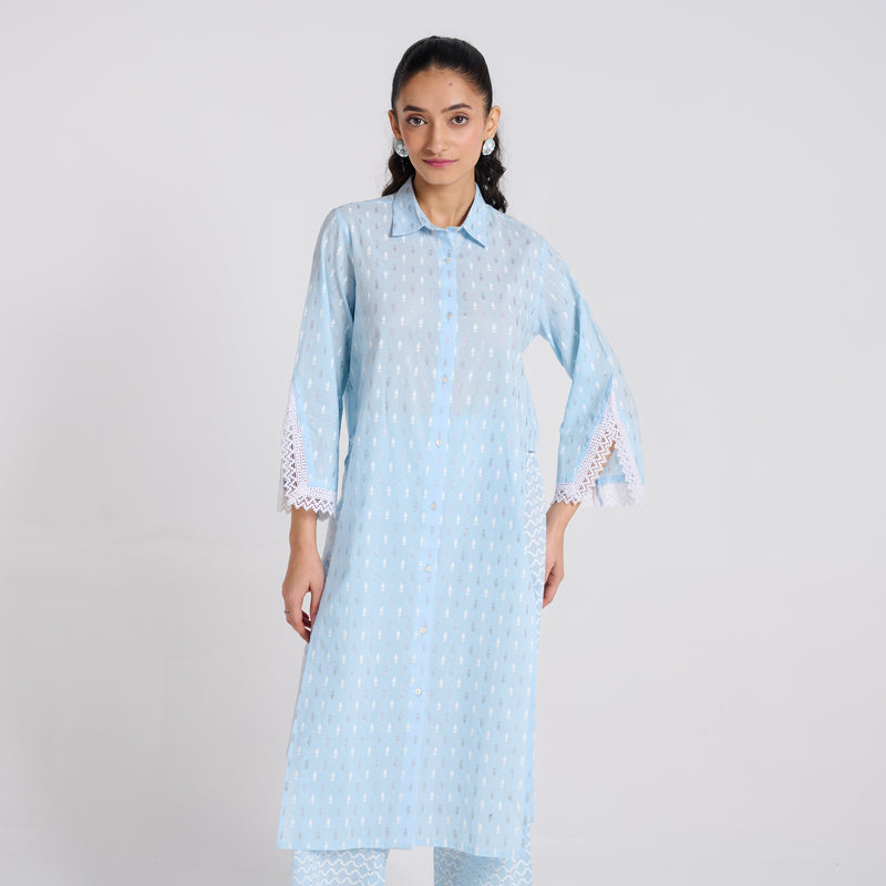 Sky Blue Shimmer Summer Pure Cotton Kurta Pant Set with Lace Detail