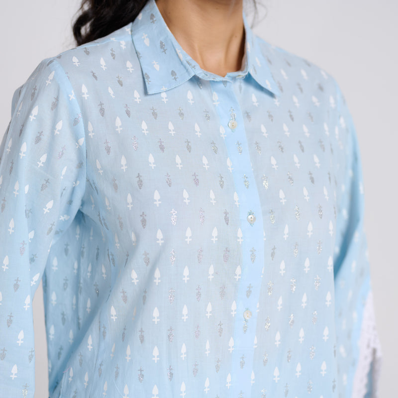 Sky Blue Shimmer Summer Pure Cotton Kurta Pant Set with Lace Detail