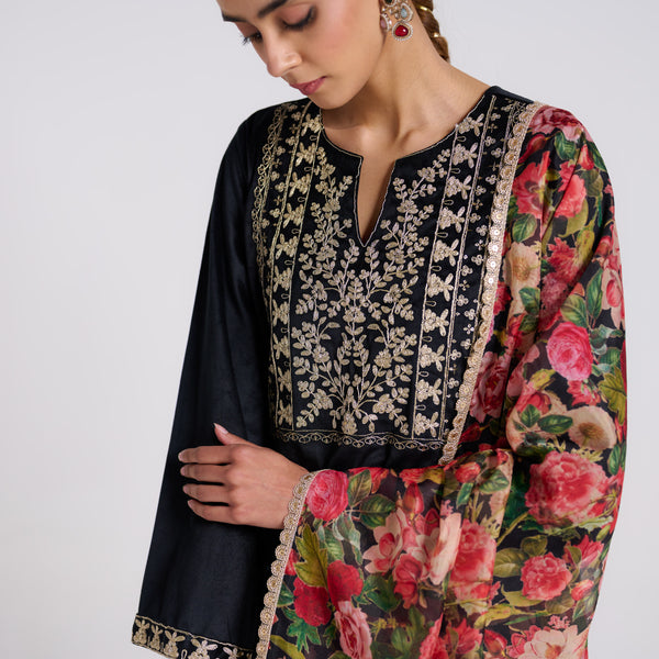 Black Embroidered Phulwari Velvet Set with Dupatta