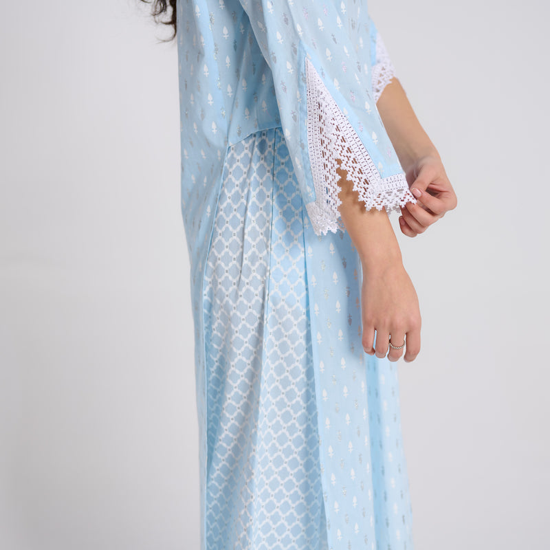 Sky Blue Shimmer Summer Pure Cotton Kurta Pant Set with Lace Detail