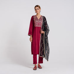 Maroon Embroidered Gulzaar Velvet Set with Dupatta