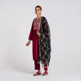 Maroon Embroidered Gulzaar Velvet Set with Dupatta