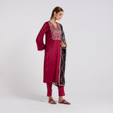 Maroon Embroidered Gulzaar Velvet Set with Dupatta