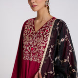 Maroon Embroidered Gulzaar Velvet Set with Dupatta