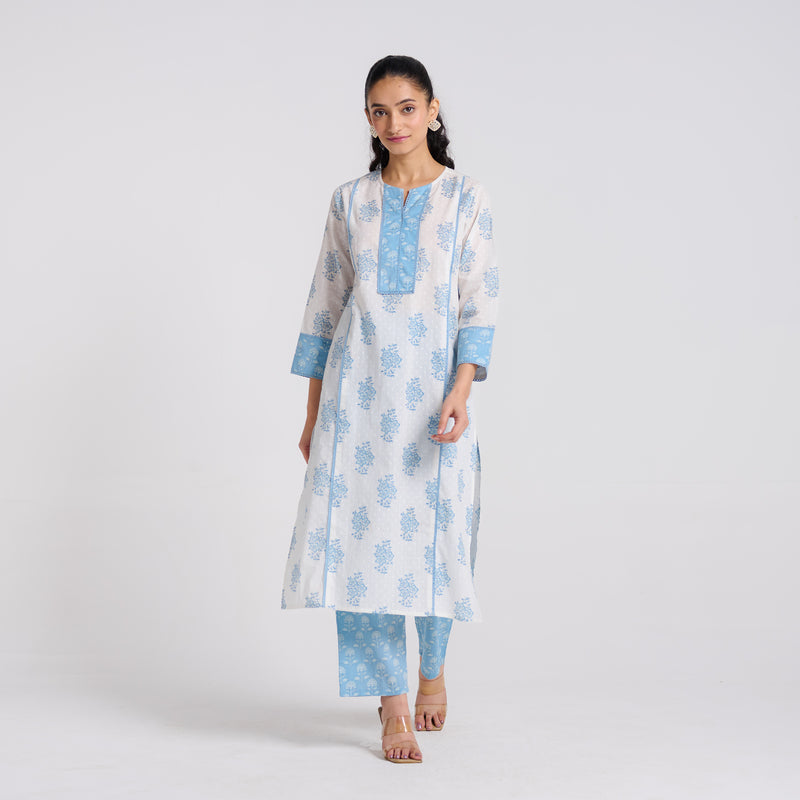 Sky Blue Sanganeri Pure Cotton Kurta Pant Set with Lace Detail