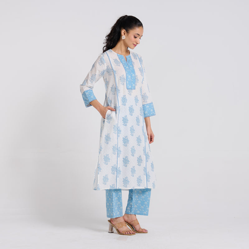 Sky Blue Sanganeri Pure Cotton Kurta Pant Set with Lace Detail