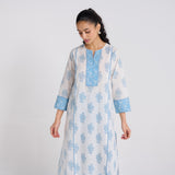 Sky Blue Sanganeri Pure Cotton Kurta Pant Set with Lace Detail