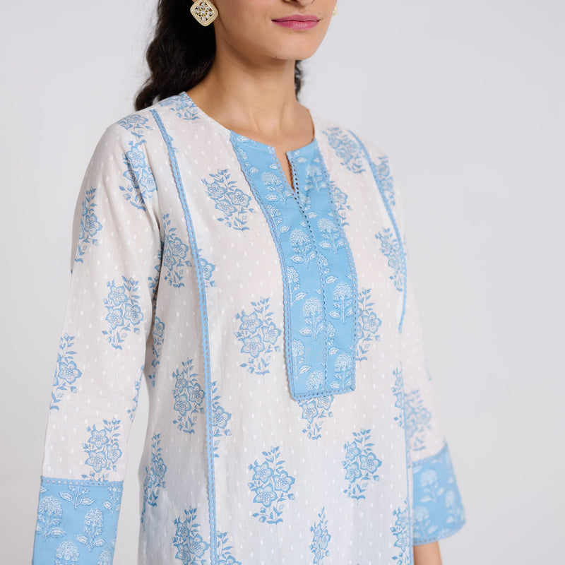 Sky Blue Sanganeri Pure Cotton Kurta Pant Set with Lace Detail