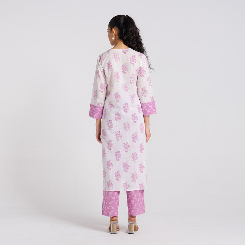 Lavender Sanganeri Pure Cotton Kurta Pant Set with Lace Detail