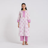 Lavender Sanganeri Pure Cotton Kurta Pant Set with Lace Detail