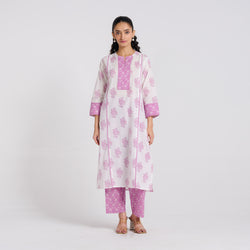 Lavender Sanganeri Pure Cotton Kurta Pant Set with Lace Detail