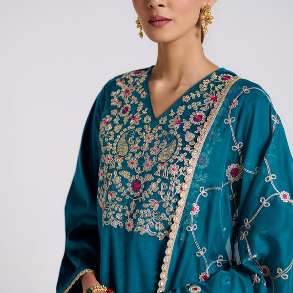 Teal Embroidered Gulzaar Velvet Set with Dupatta