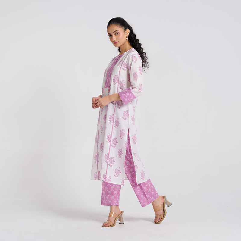 Lavender Sanganeri Pure Cotton Kurta Pant Set with Lace Detail