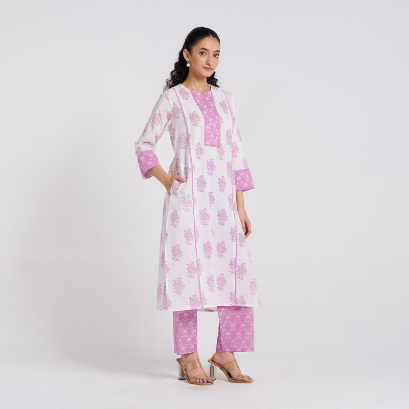 Lavender Sanganeri Pure Cotton Kurta Pant Set with Lace Detail