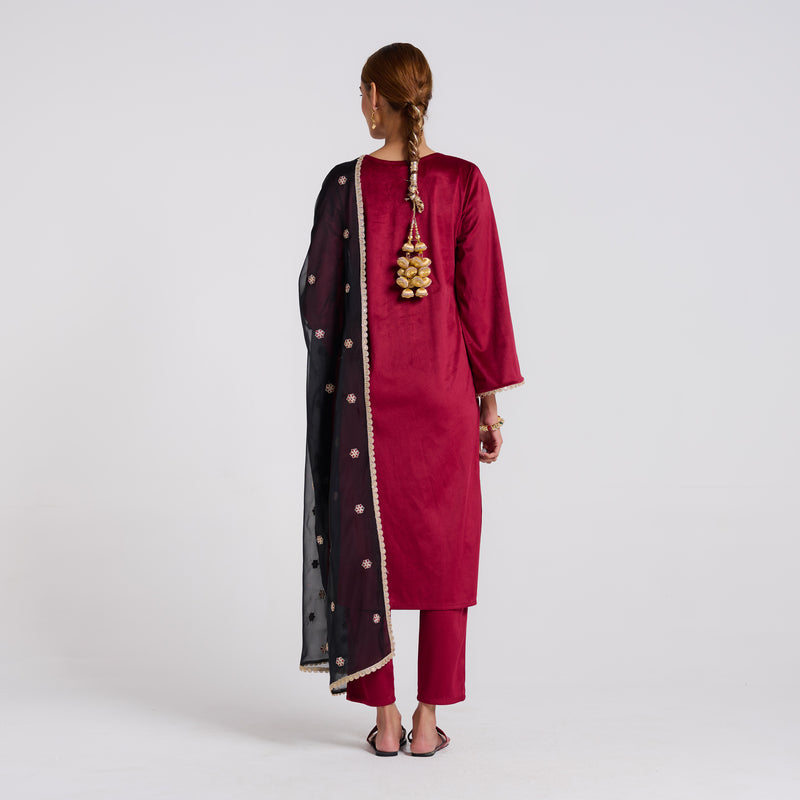 Maroon Blue Embroidered Amara Velvet Kurta Set with Dupatta