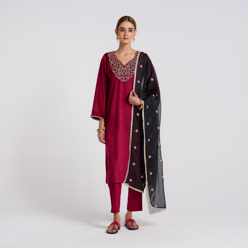 Maroon Blue Embroidered Amara Velvet Kurta Set with Dupatta